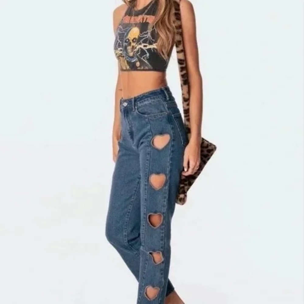 Edikted Blue Heart Cutout High Rise Jeans